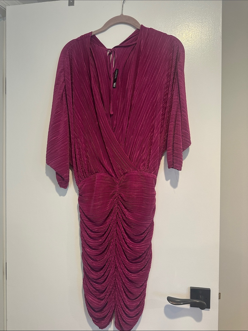 Zara Ruched Plissé Midi Dress in Berry Pink